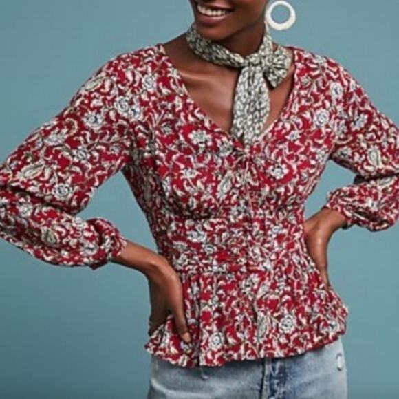 Anthropologie Feather Bone Latrobe Floral Lace Up Smocked Peplum Blouse Size 0 - Picture 10 of 10